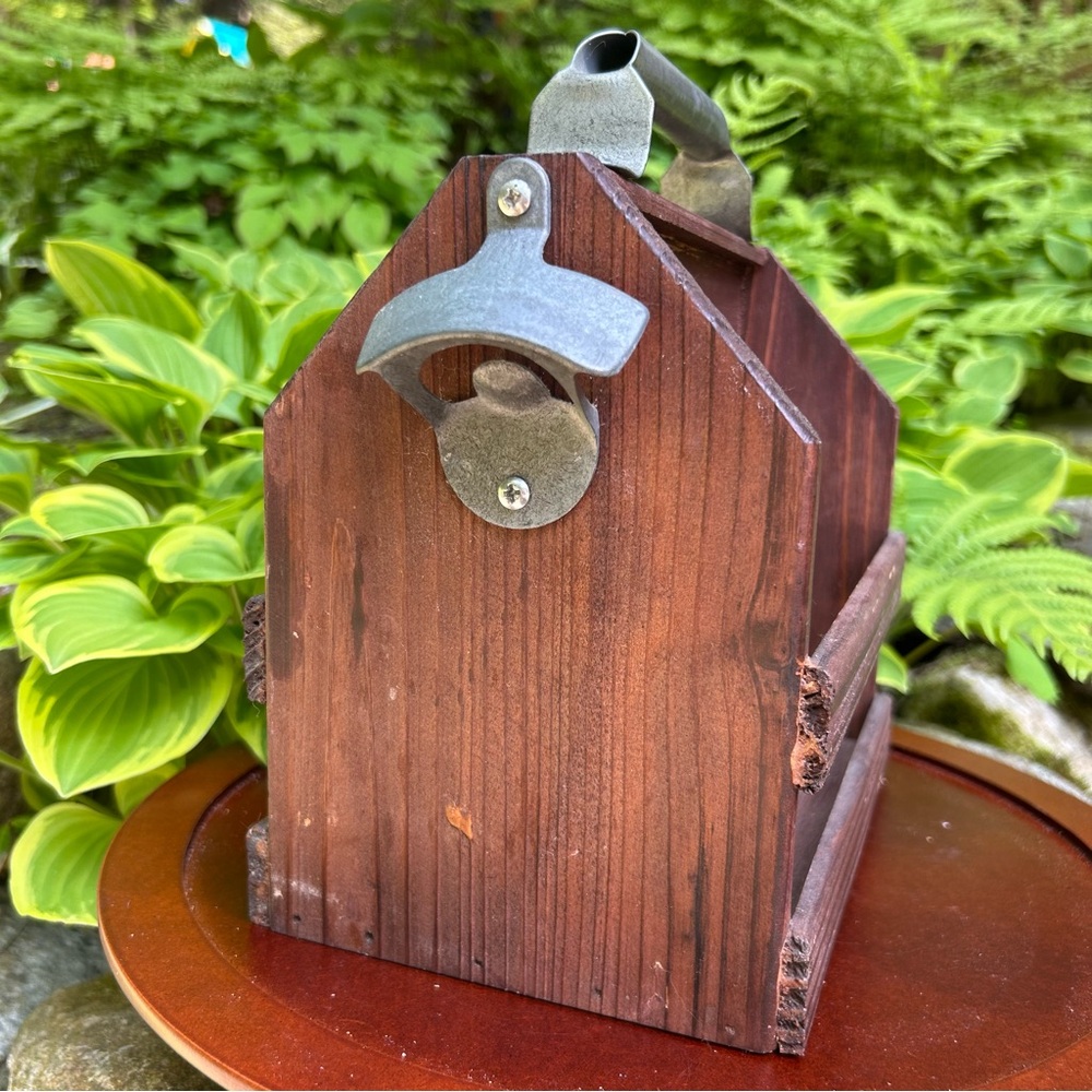 Rustic Wooden Caddy with Built-In Bottle Opener 🍻 | Dark Brown | Summer Ready ☀️ - Picture 3 of 9